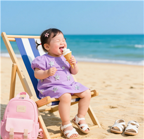 海边沙滩吃冰激凌的萌娃图片